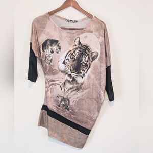 Women's Tiger Print Dolman SleeveTop - Black and Brown size S